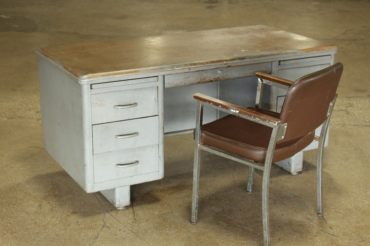 Gray Metal Desk With Brown Top