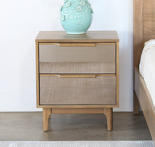 NS100 - Warm Honey Oak 2 Mirrored Drawer Nightstand 