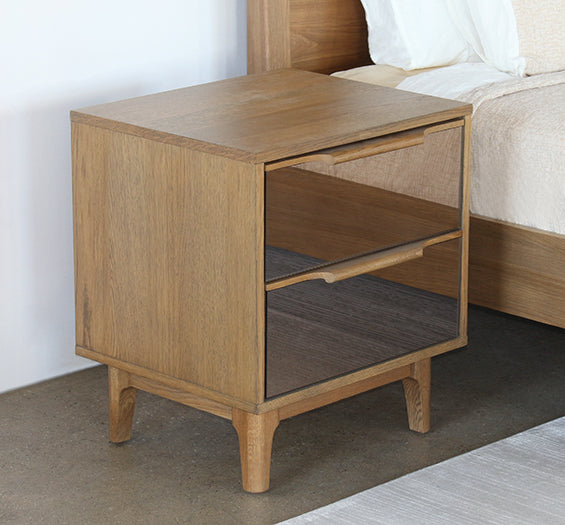 NS100 - Warm Honey Oak 2 Mirrored Drawer Nightstand 