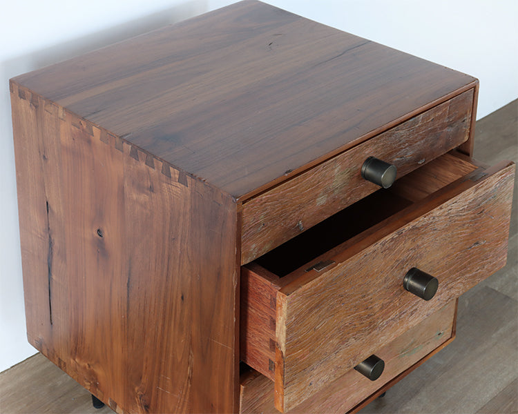 Reclaimed Wood Nightstand with Antique Brass Pulls and Iron Legs