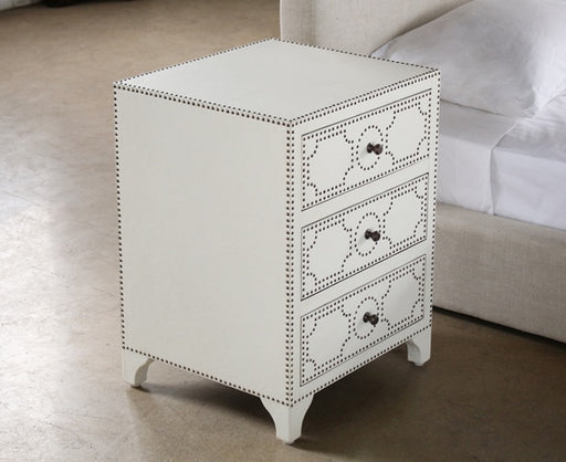 NS62 White Leather 3 Drawer Nightstand with Brass Nailhead