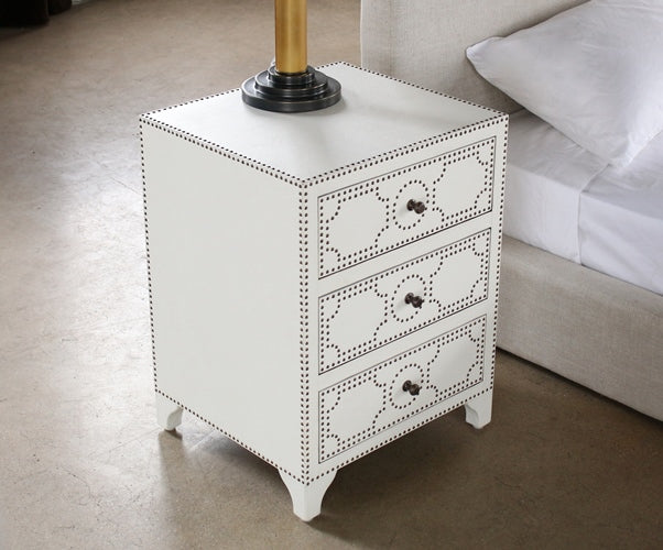 NS62 White Leather 3 Drawer Nightstand with Brass Nailhead