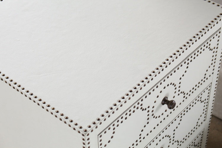 NS62 White Leather 3 Drawer Nightstand with Brass Nailhead