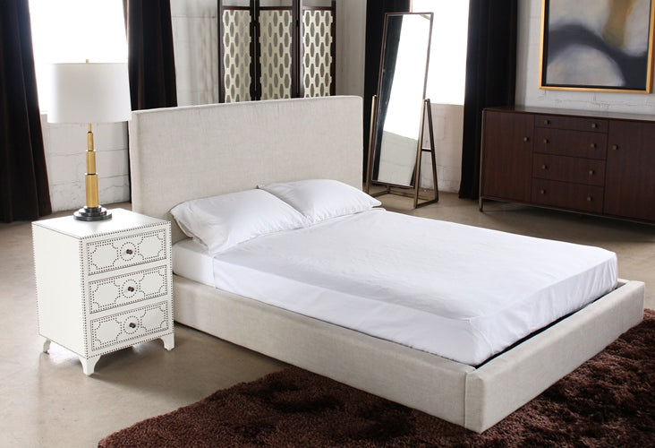 NS62 White Leather 3 Drawer Nightstand with Brass Nailhead