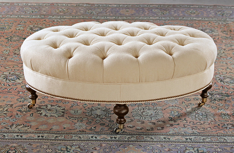 Tufted Oval Ottoman in Linato Cream