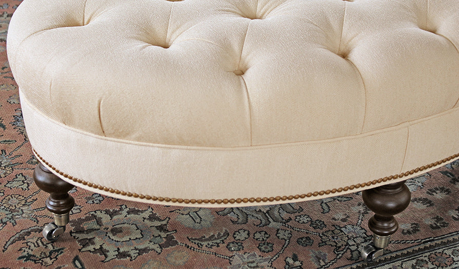 Tufted Oval Ottoman in Linato Cream