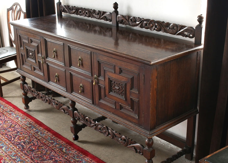 SB46 Jacobean Style Carved Oak Sideboard with Rail, Circa 1920