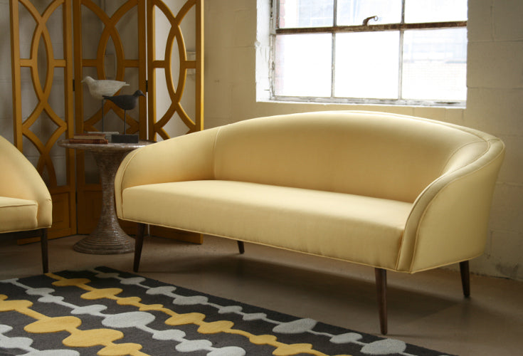 Yellow Woven Barrel Sofa with Walnut Legs