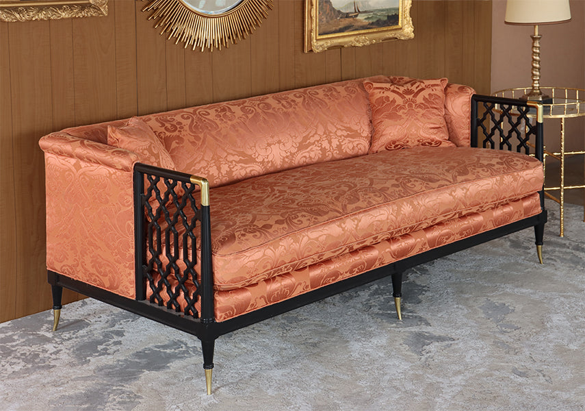 Burnt Orange Damask Sofa with Black Fretwork Arms
