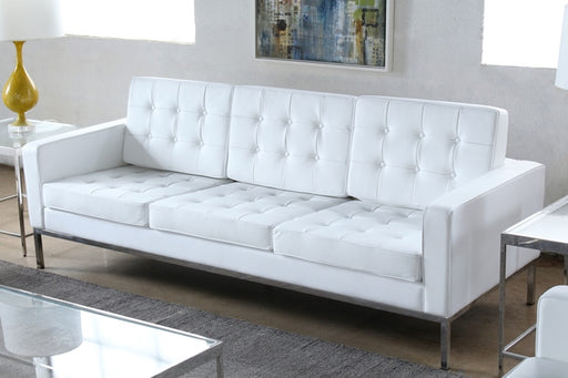 White Leather Button Tufted Knoll Style Sofa