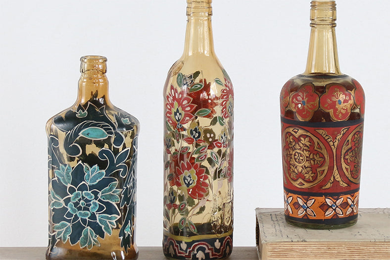 Set of 2 Reclaimed Hand-Painted Bottles