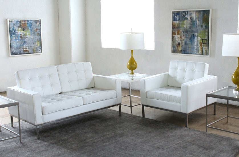 CC105 White Leather Buttton Tufted Knoll Style Club Chair