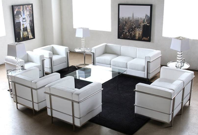 LS143 White Leather Corbusier Style Loveseat